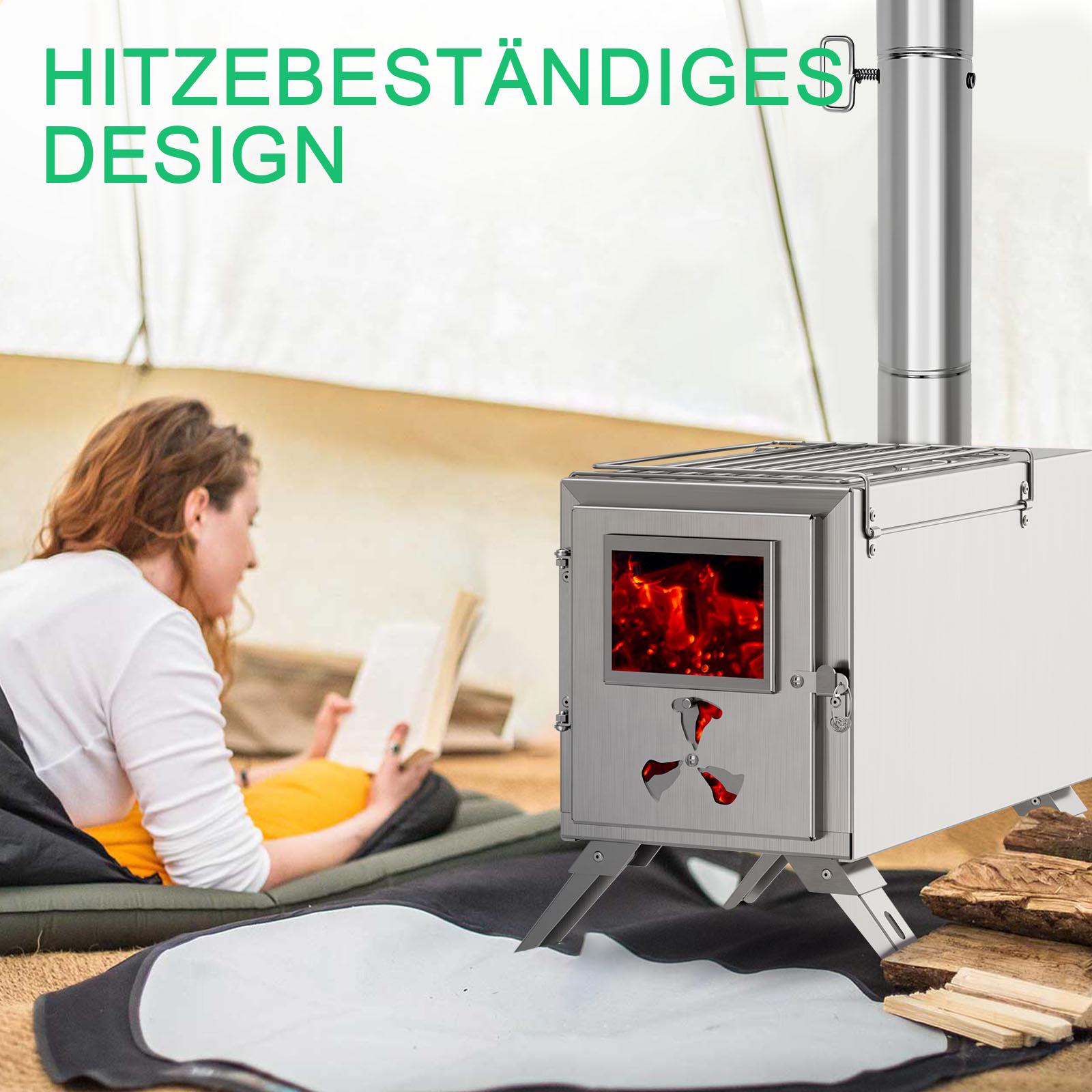Frau liest Buch neben brennendem Ofen in einem Zelt. Hitzebeständiges Design.