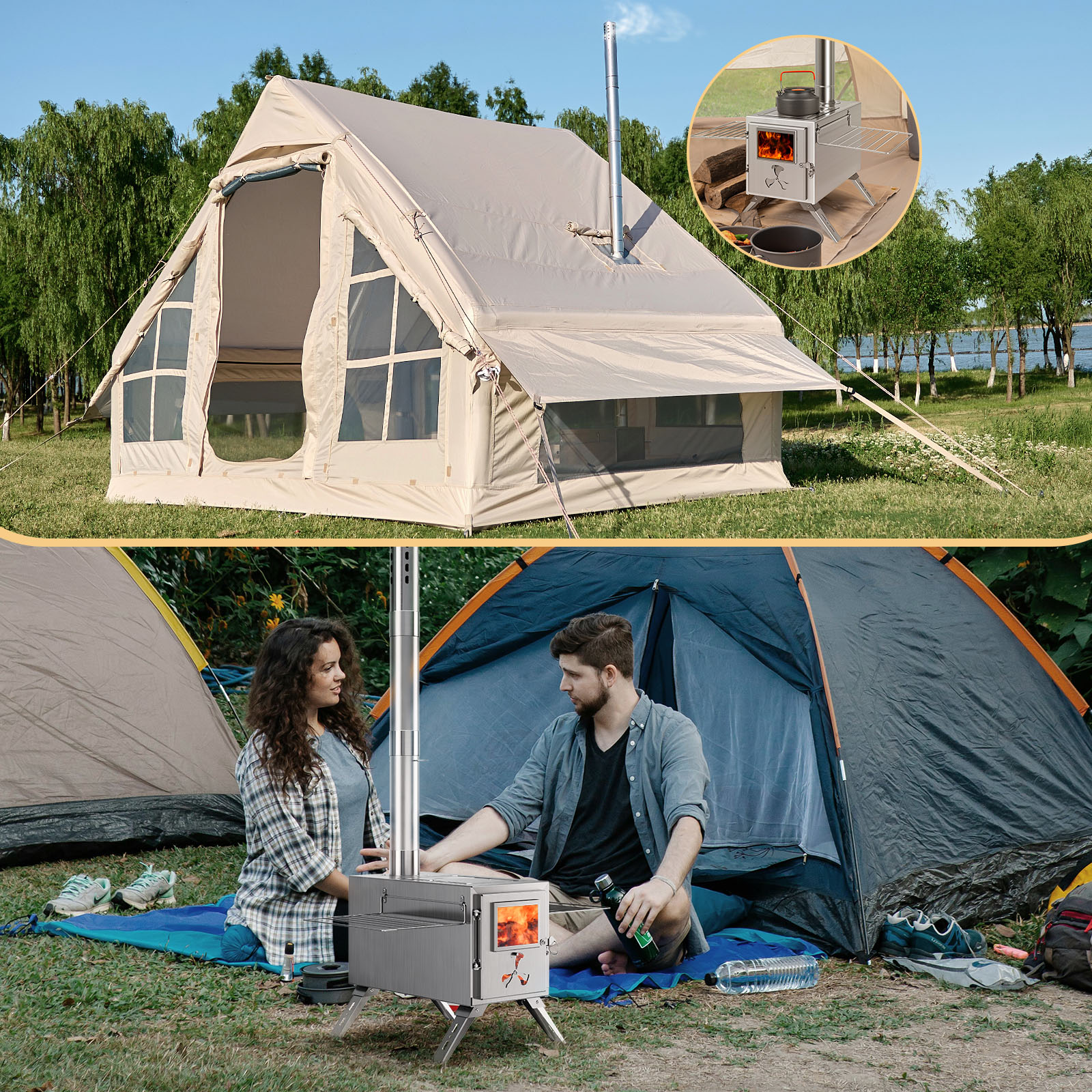 Großes Zelt mit Holzofen und Menschen, die campen.
