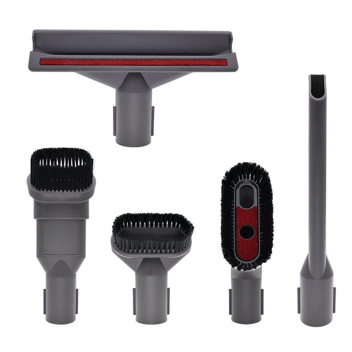 Accessoires aspirateur gris: brosse plate, brosse ronde, suceur plat.