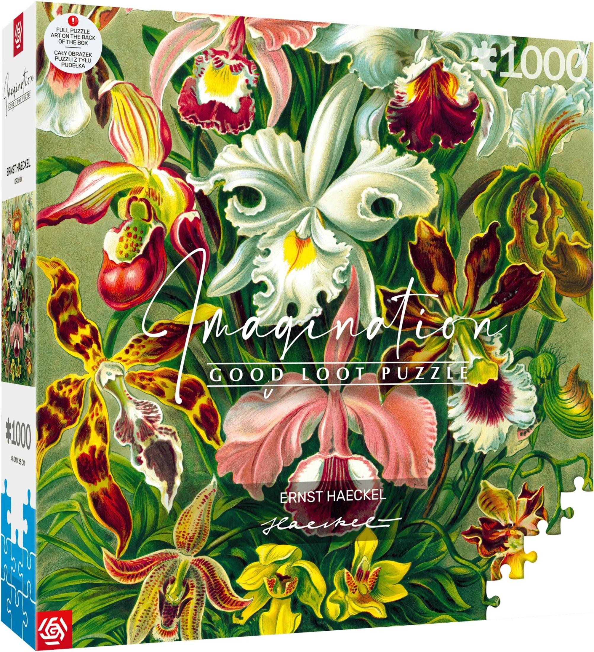 Un puzzle da 1000 pezzi con una colorata illustrazione di orchidee di Ernst Haeckel.