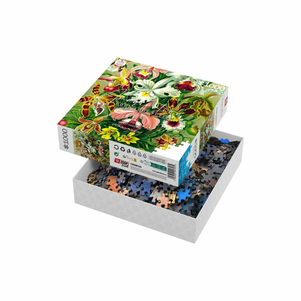 Un puzzle da 1000 pezzi con orchidee sulla scatola, mostrato in un contenitore bianco.