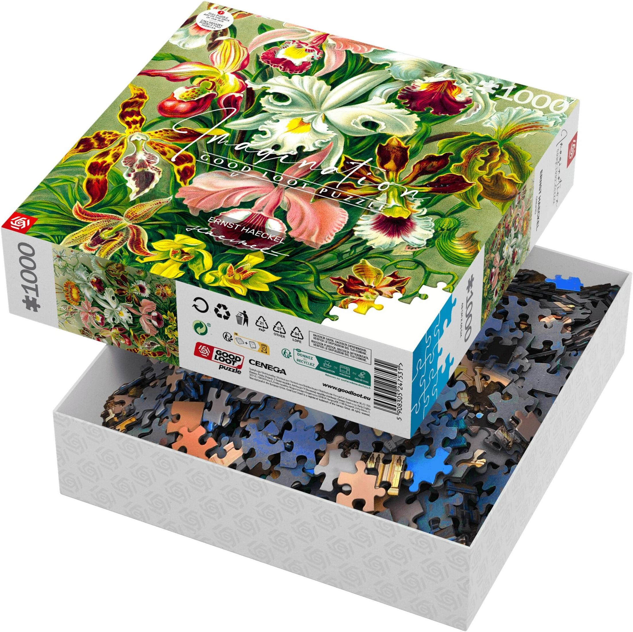 Scatola di puzzle con orchidee, scatola aperta con pezzi di puzzle all'interno.