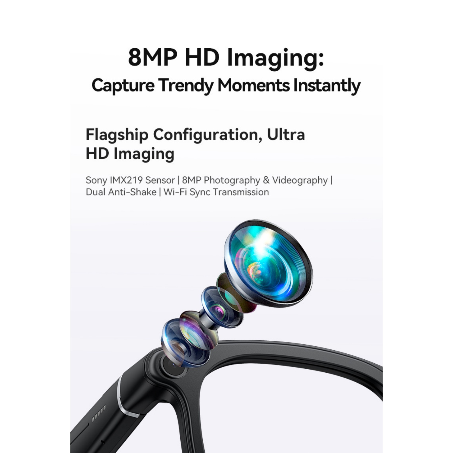Kameraobjektive auf einem schwarzen Gerät mit Text über 8MP HD-Bildgebung.