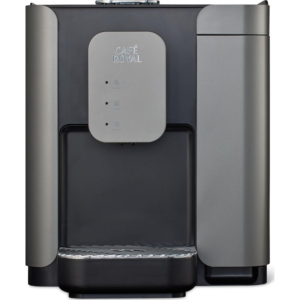 Ein schwarzer und grauer Wasserspender mit der Aufschrift CAFÉ ROYAL und Bedienelementen.