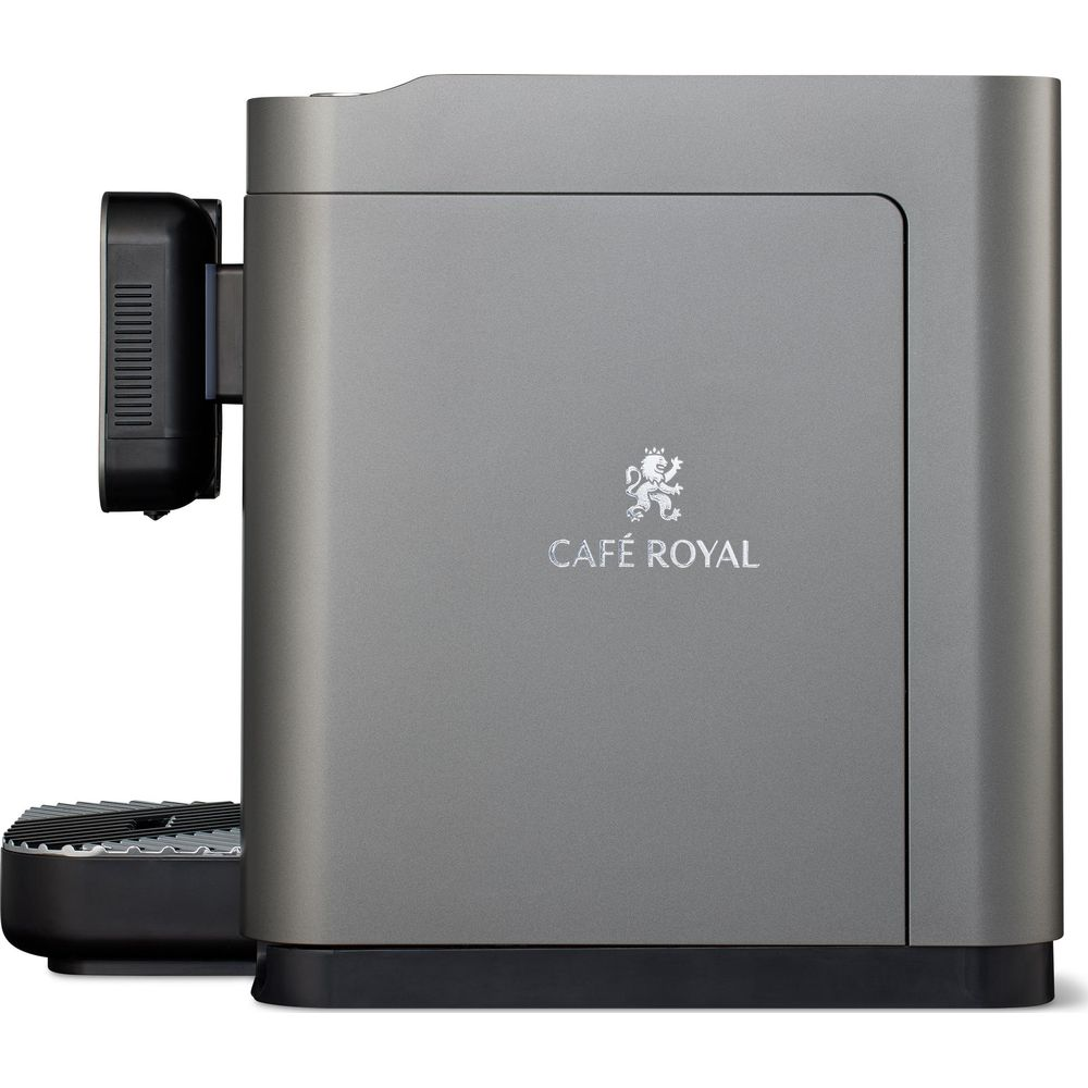 Graue Kaffeemaschine mit schwarzem Tropfbehälter und CAFE ROYAL Logo.
