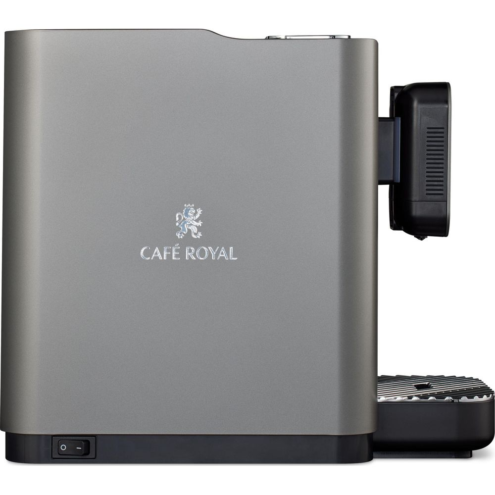 Graue Kaffeemaschine mit "CAFÉ ROYAL" Logo und einem schwarzen Aufsatz.