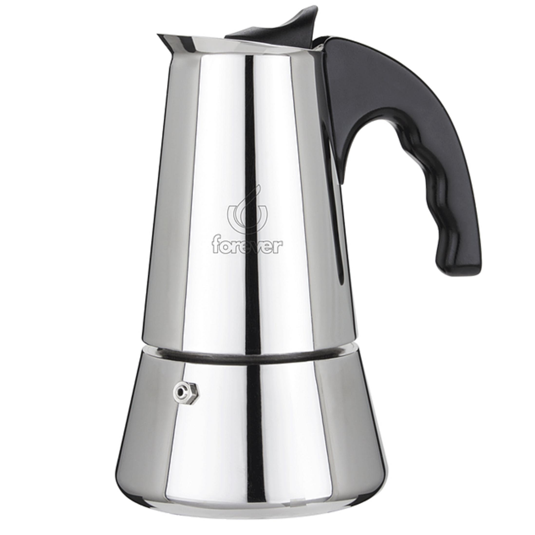 Una caffettiera espresso argentata lucida con manico e coperchio neri.