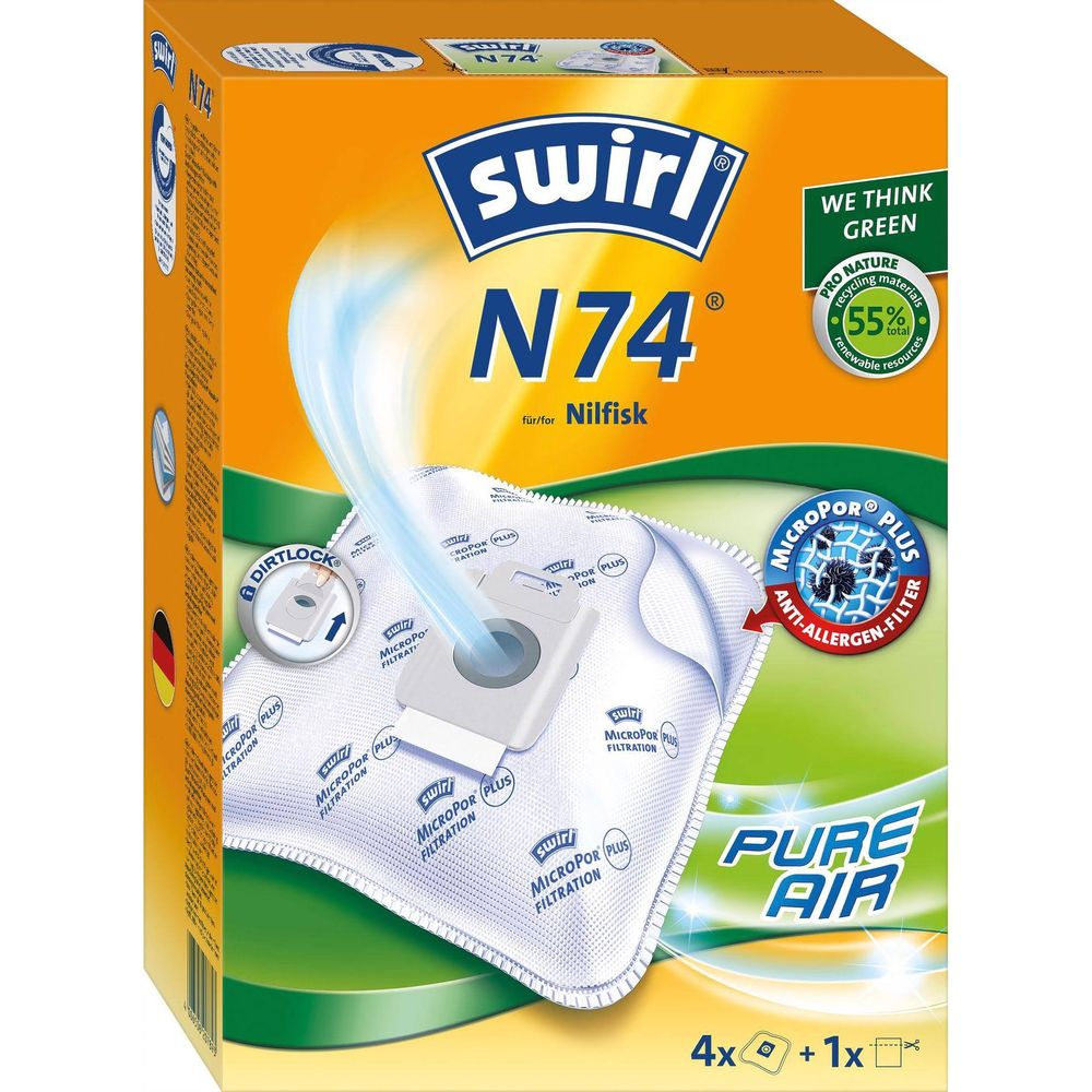 Verpackung für Swirl N74 Staubsaugerbeutel mit Pure Air Filter und 55% recycelten Materialien.