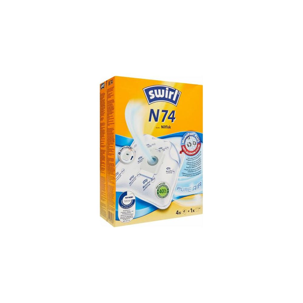 Verpackung für Swirl N74 Staubsaugerbeutel mit Nilfisk-Logo, Pure Air.