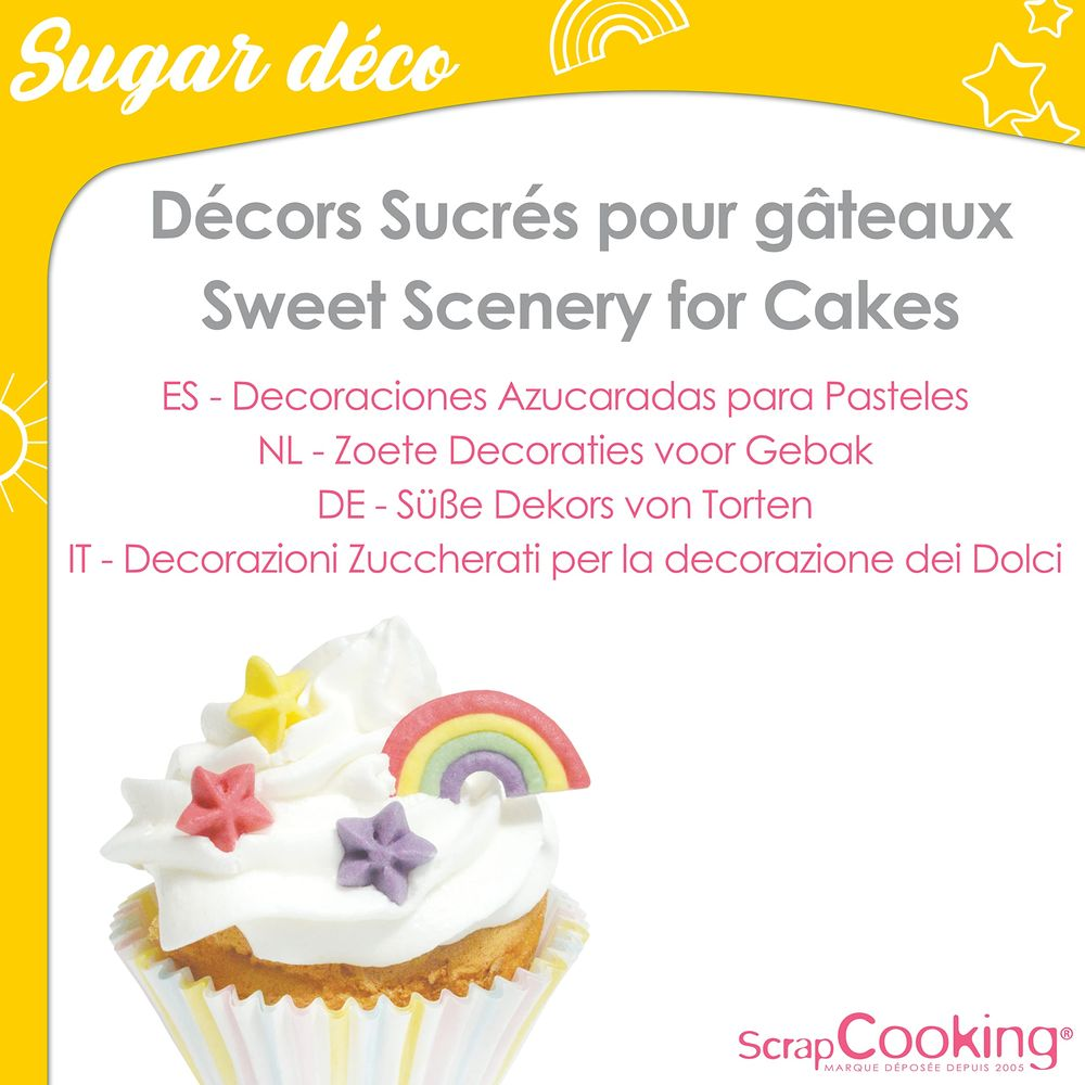 Ein Cupcake mit Zuckerguss, Sternen und Regenbogen-Dekoration.