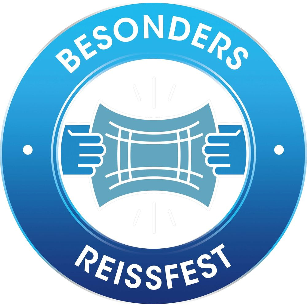 Blauer Kreis mit weißem Text "BESONDERS REISSFEST" und Händen, die ein Gitter halten.
