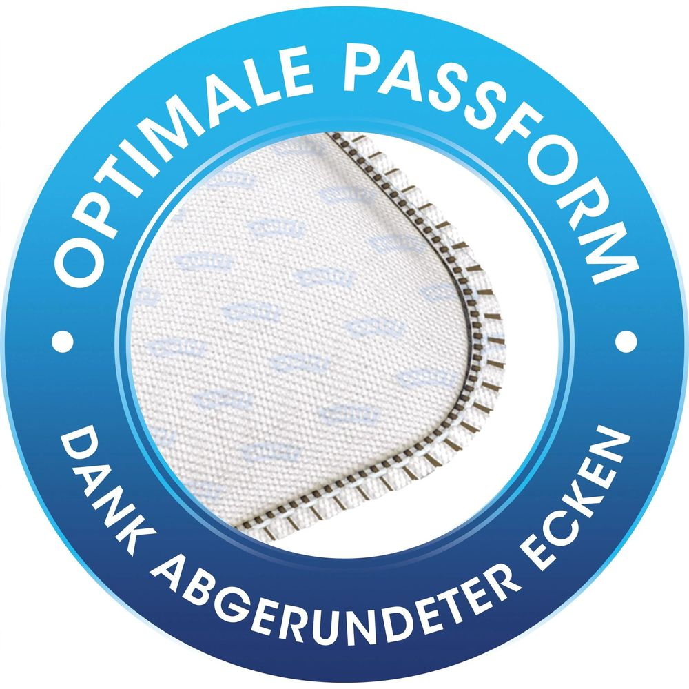 Blauer Kreis mit weißem Text: Optimale Passform, dank abgerundeter Ecken.