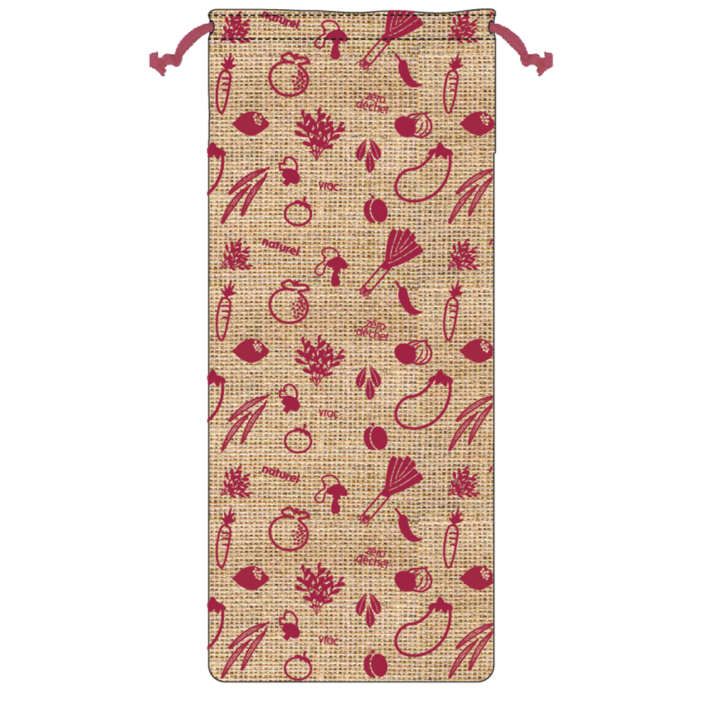 Sac en toile de jute avec motif répétitif de fruits et légumes rouges.