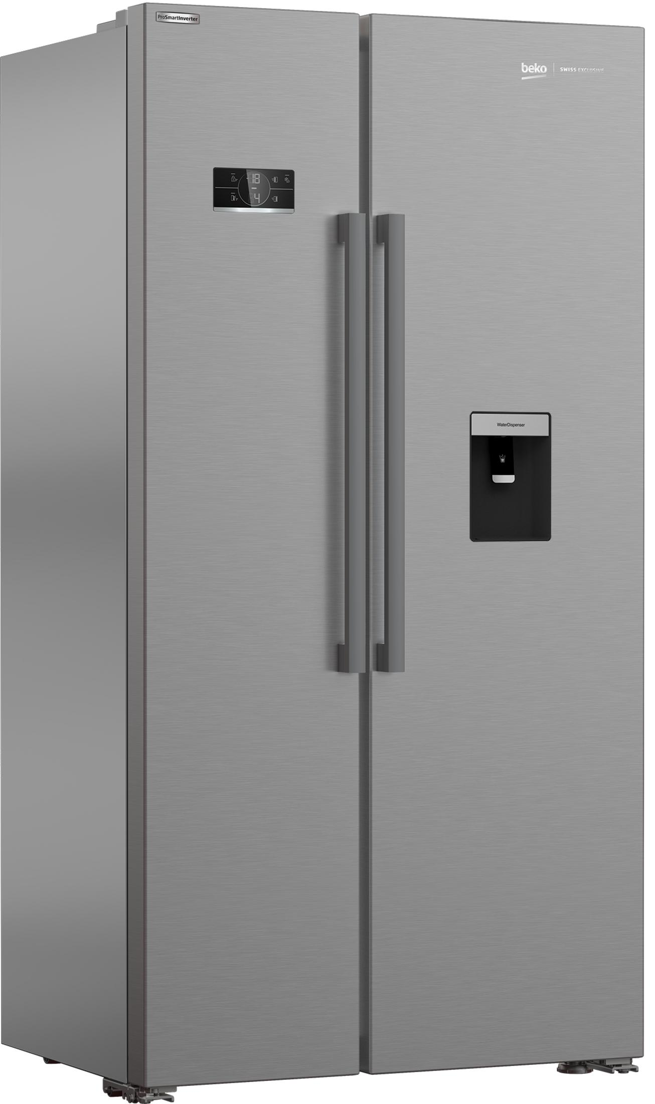 Un frigorifero side-by-side argentato con dispenser d'acqua e display digitale.