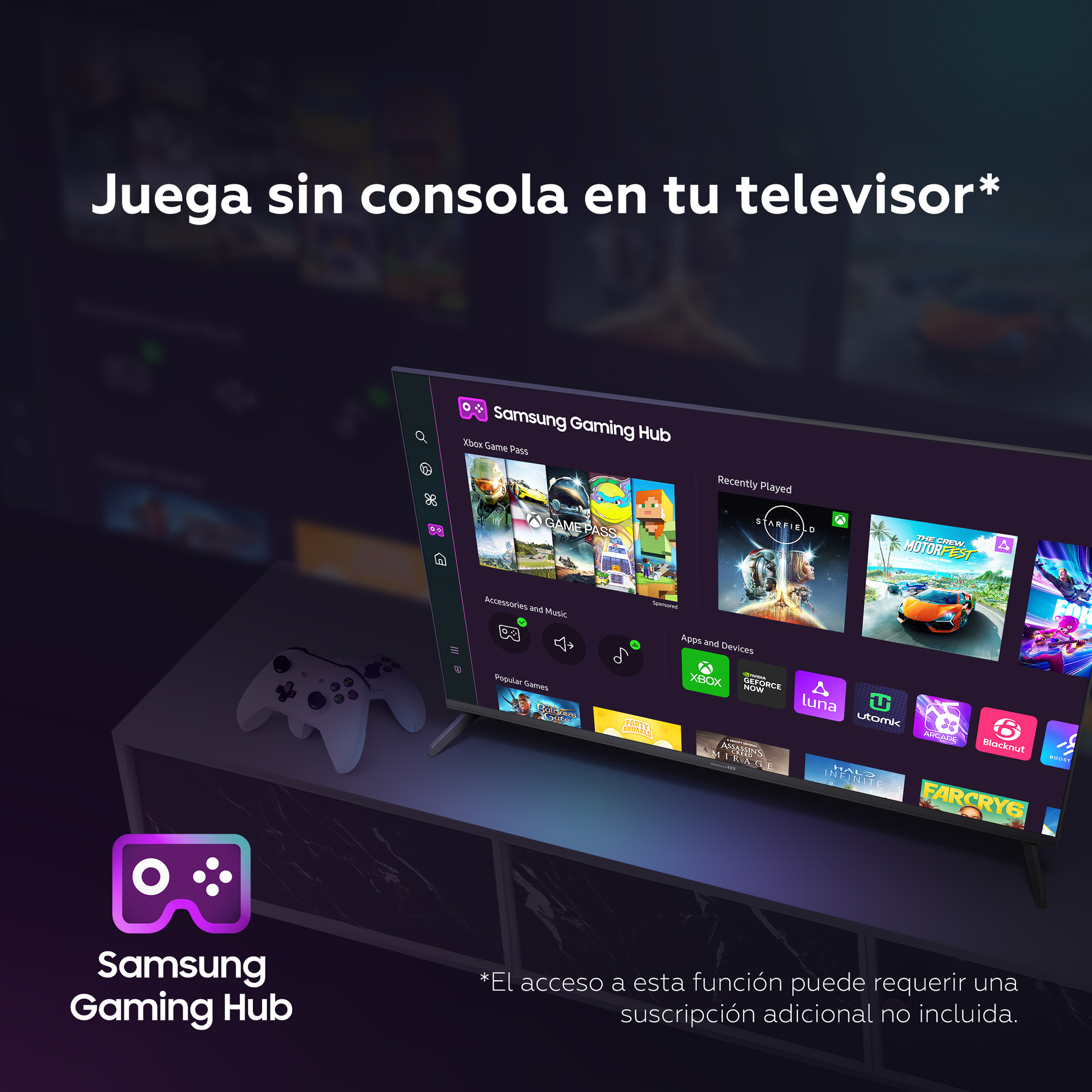 Un televisor Samsung muestra el Gaming Hub con juegos y apps. Dos mandos blancos están delante.