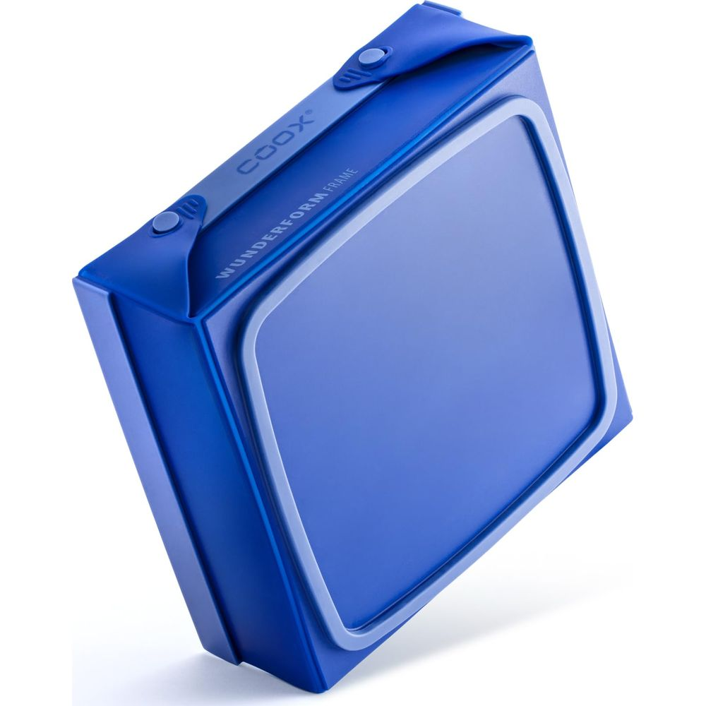 Ein blauer rechteckiger Behälter mit dem Aufdruck COOX WUNDERFORM FRAME.