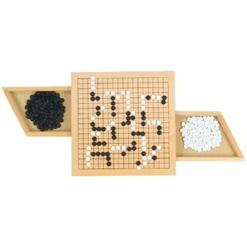 Ein Go-Spielbrett mit schwarzen und weißen Steinen, links und rechts sind Vorratsbehälter.
