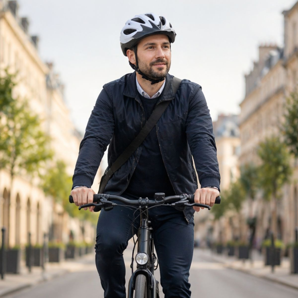 Een man met helm fietst op een straat met gebouwen aan weerszijden.