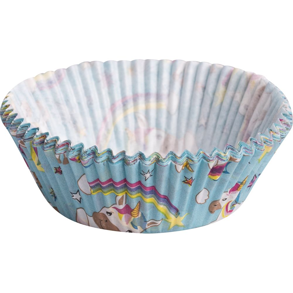 Hellblaue Muffinform mit Einhorn- und Regenbogenmotiv.