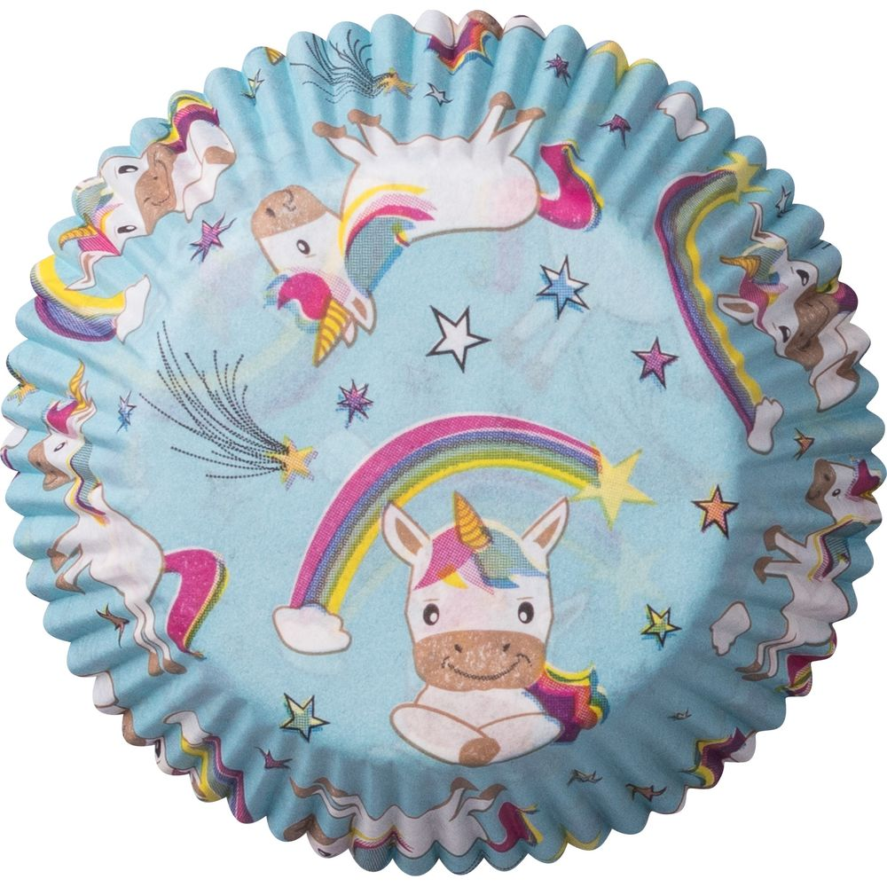 Himmelblaue Muffinform mit Einhorn- und Regenbogenmotiv.