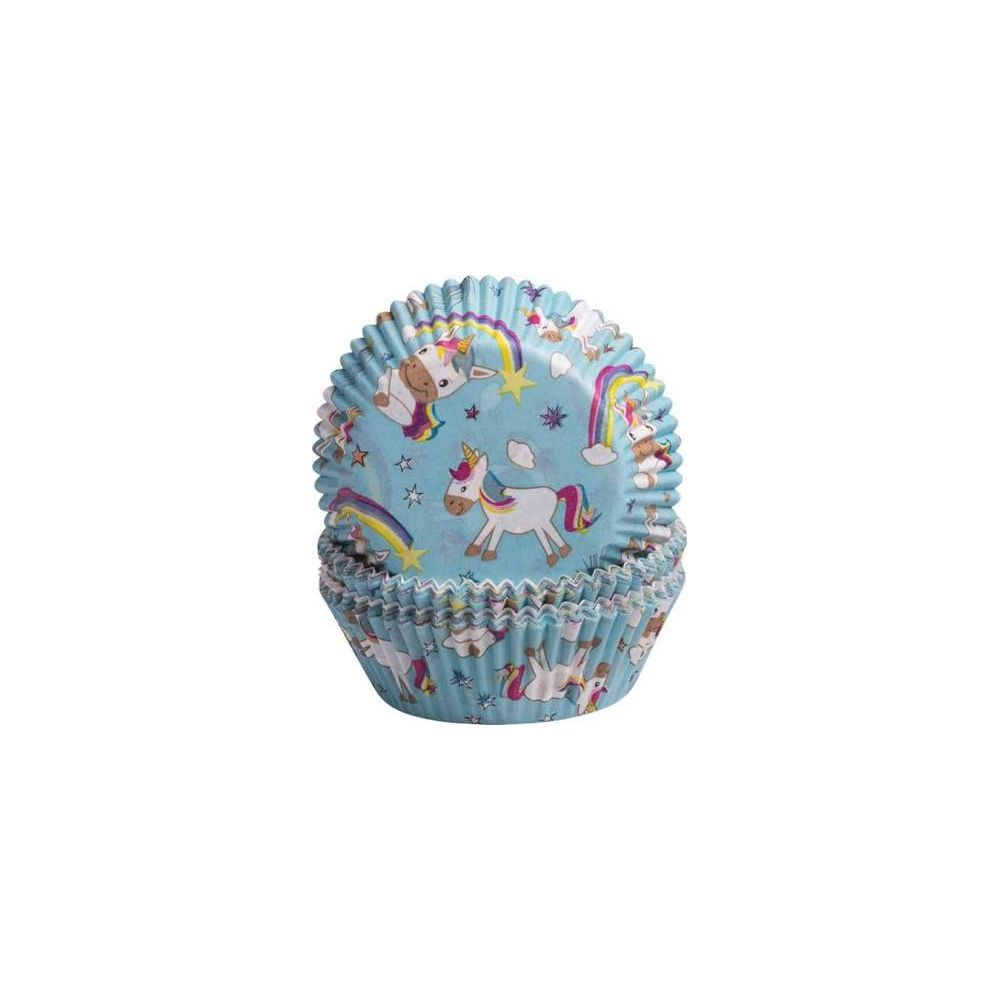 Hellblaue Muffinförmchen mit Einhorn- und Regenbogenmotiv.
