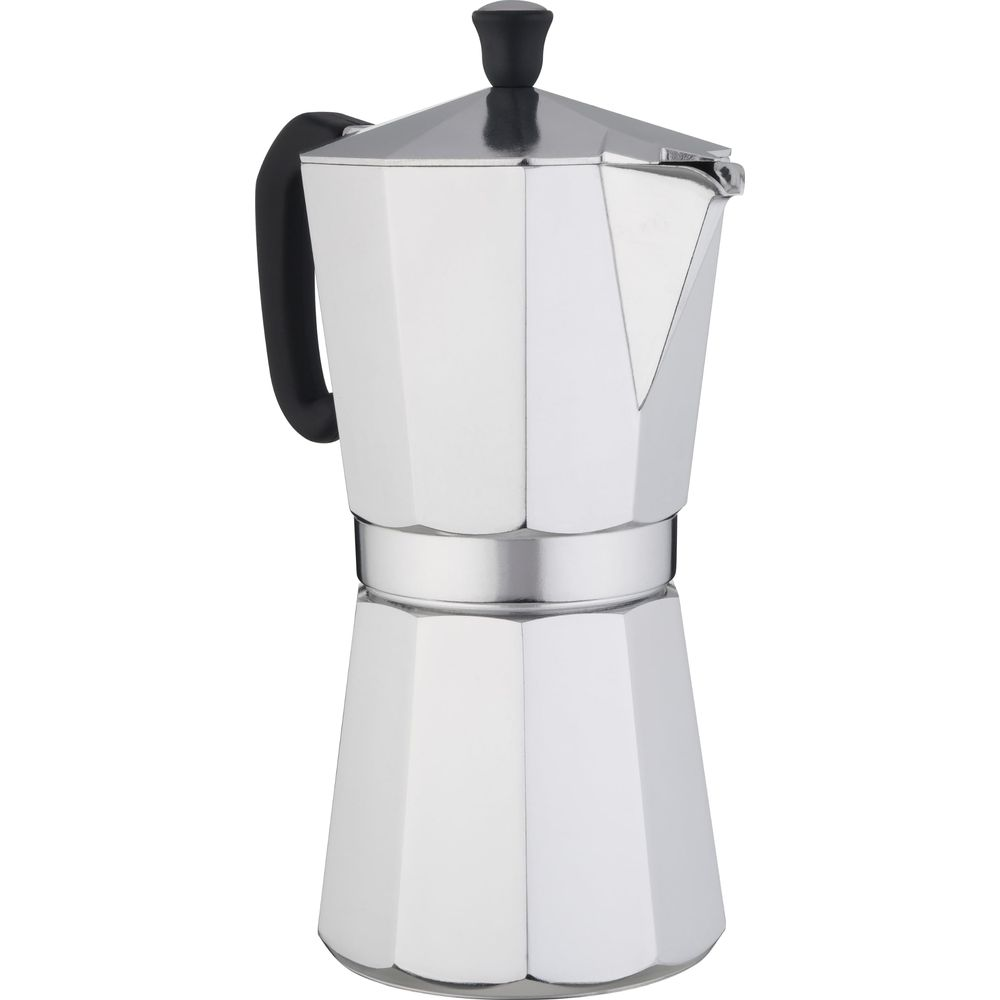 Moka argentata con manico e coperchio neri su sfondo bianco.