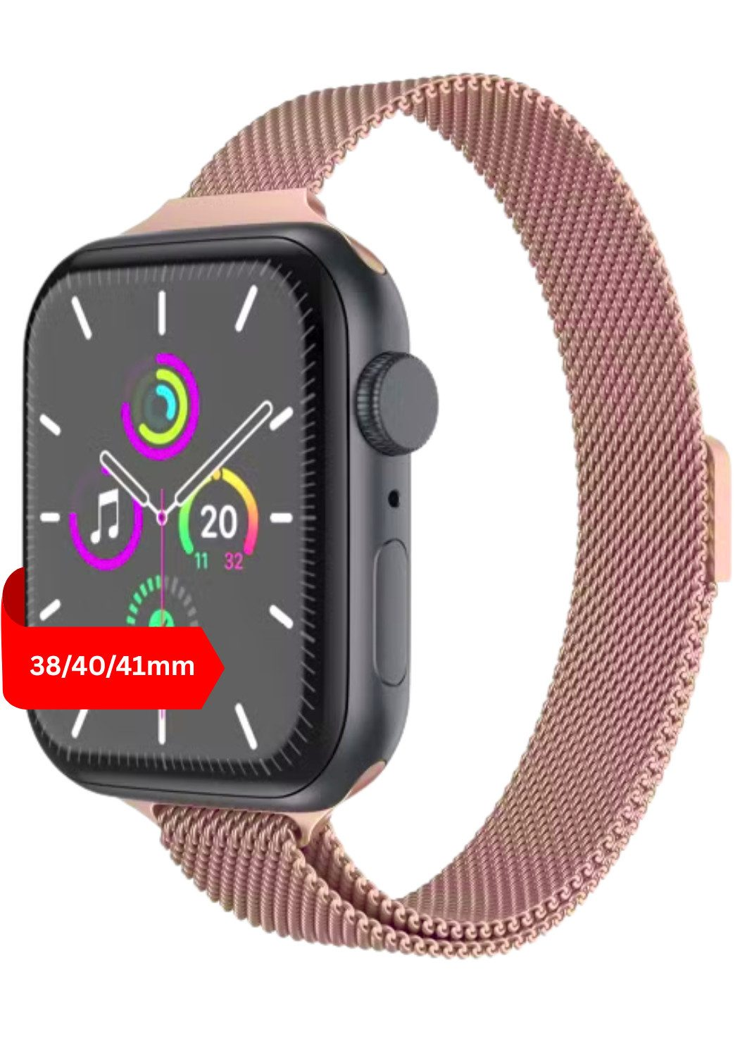Eine roséfarbene Smartwatch mit einem Mesh-Armband und einem digitalen Zifferblatt.
