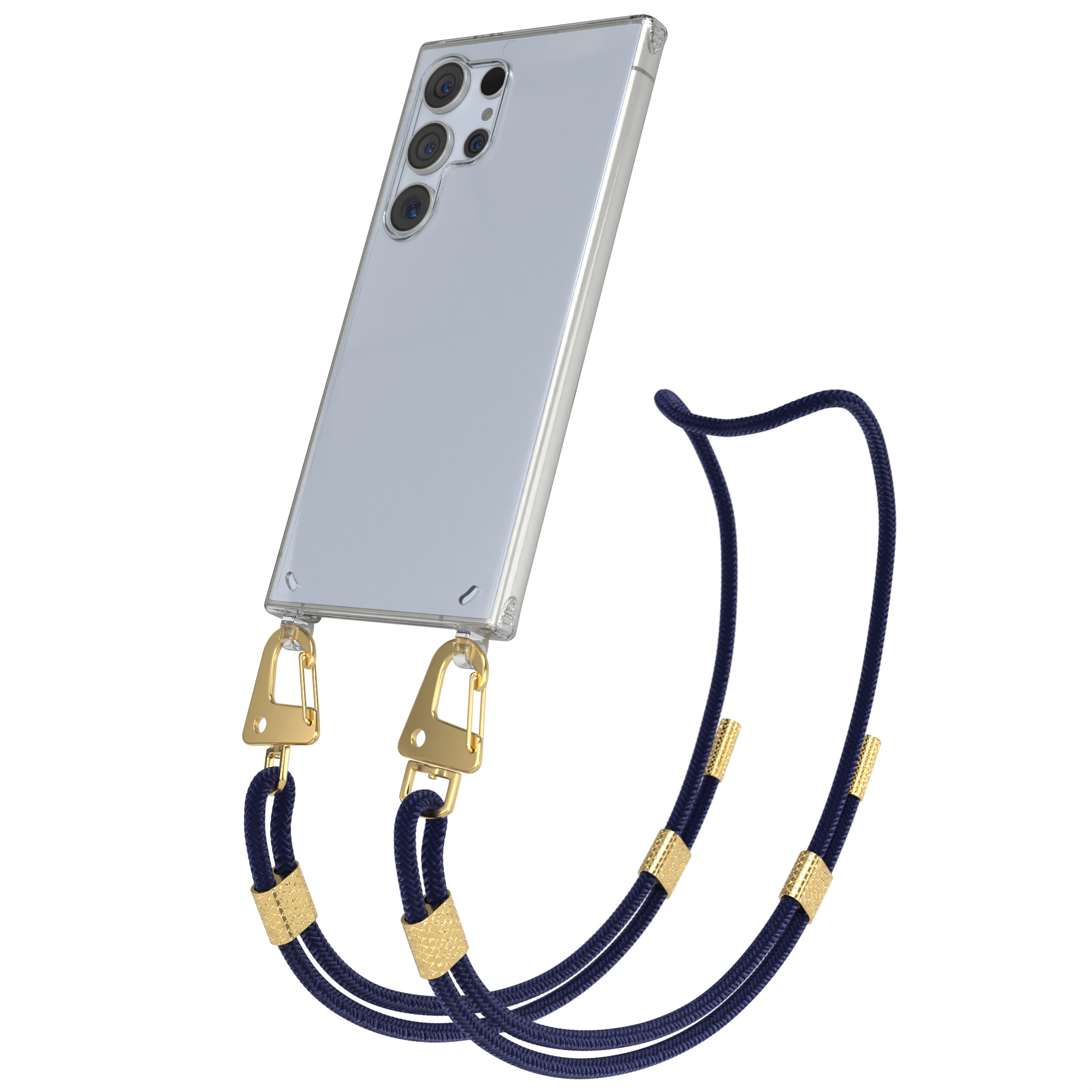 Ein Smartphone mit einer transparenten Hülle und einer blauen Kordel mit goldenen Beschlägen.
