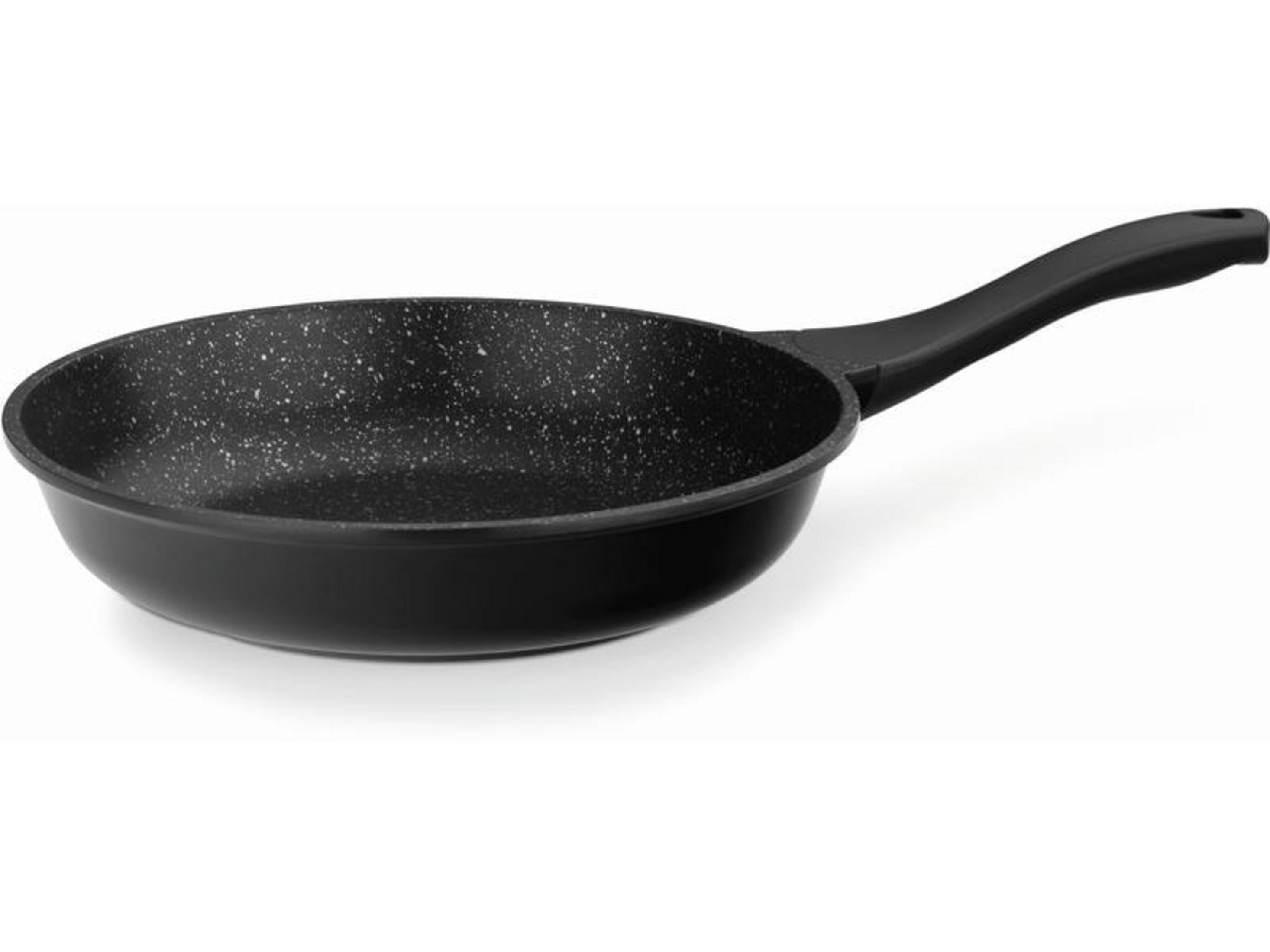 Poêle noire aspect granitée avec manche noir sur fond blanc.