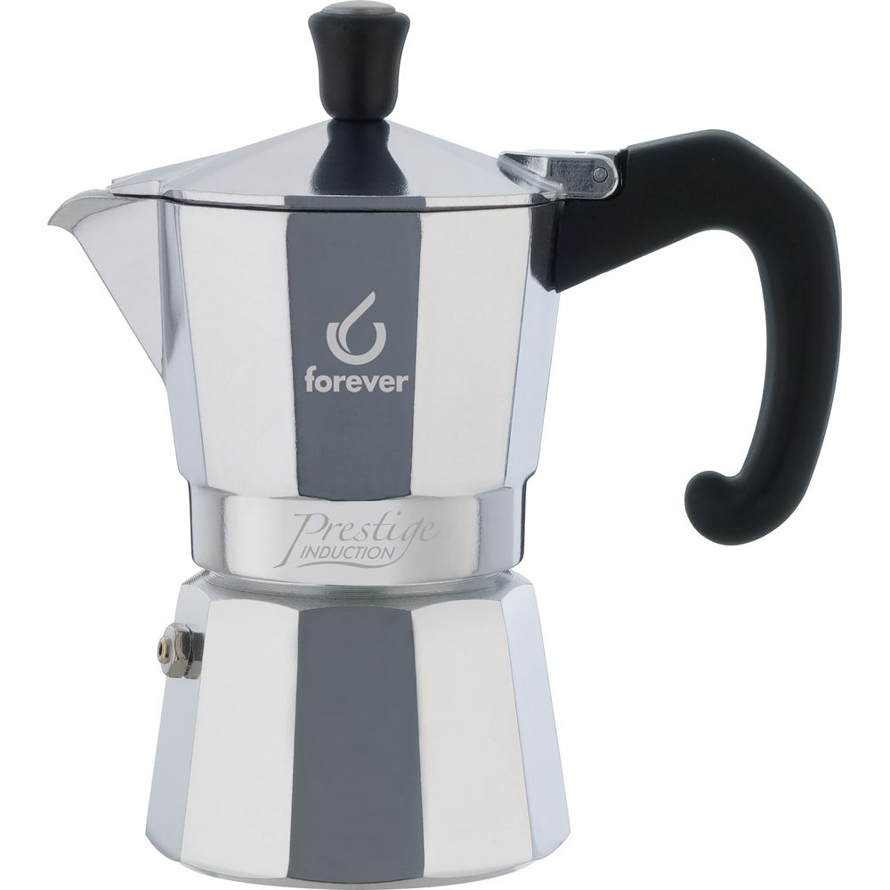 Moka argentata con manico e coperchio neri, marca Forever.