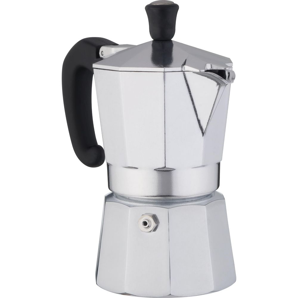 Moka argentata con manico e coperchio neri, isolata su bianco.