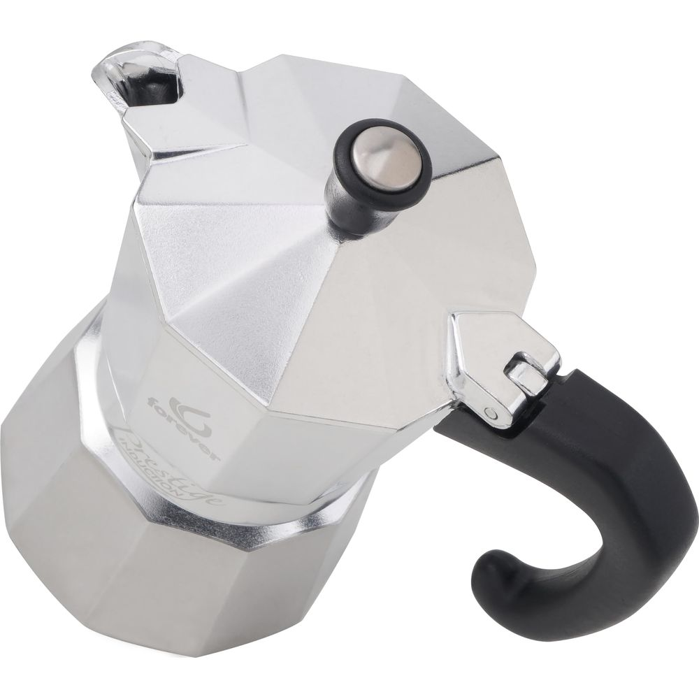 Moka argentata con manico nero, su sfondo bianco.