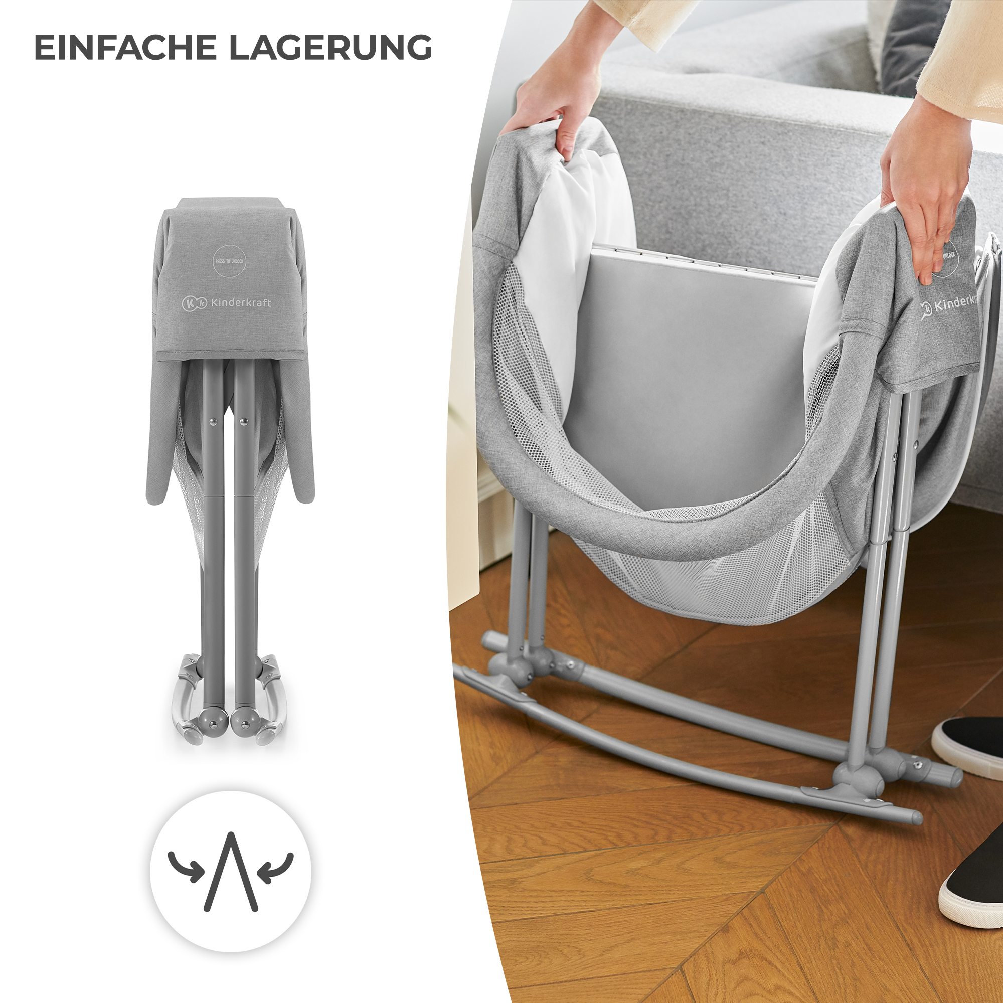 Ein graues Kinderbett zusammenklappbar mit einem Symbol, das die einfache Lagerung zeigt.