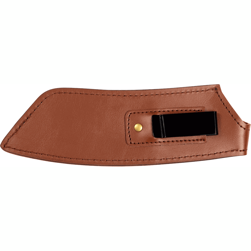 Custodia in pelle marrone con clip e rivetto.