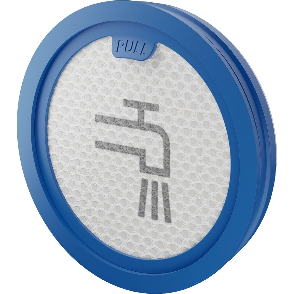 Blauer runder Filter mit weißem Netz und grauer 'Pull'-Beschriftung und Wasserhahn-Symbol.