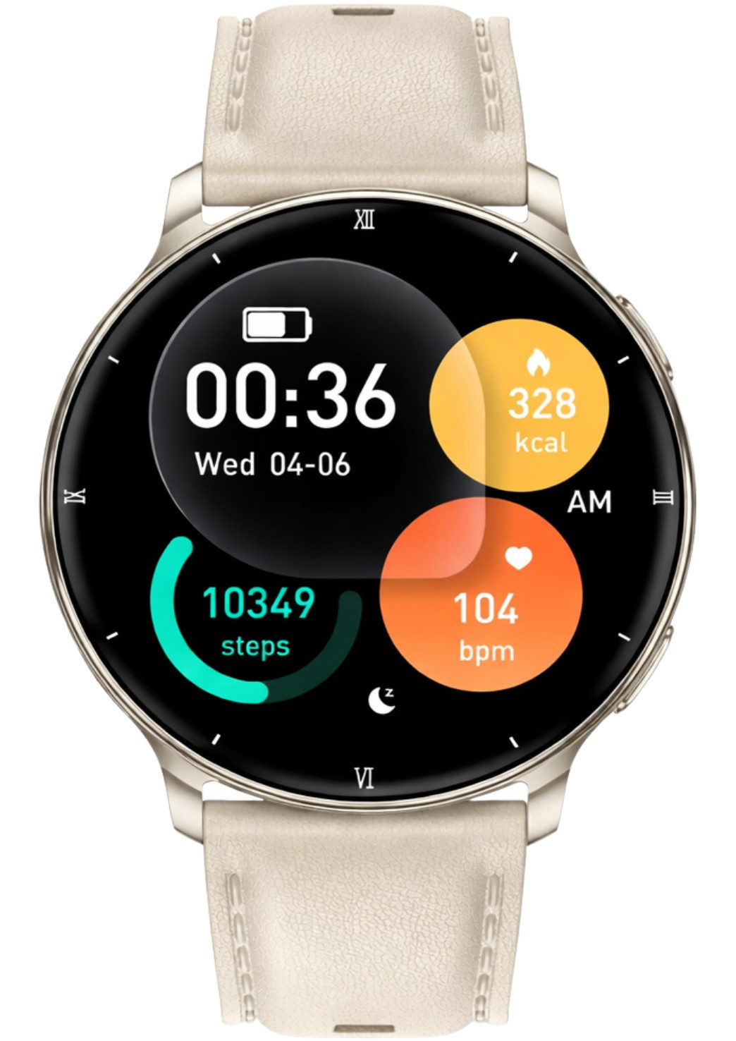 Eine Smartwatch mit einem hellbeigen Armband zeigt 00:36, 10349 Schritte, 328 kcal und 104 bpm.