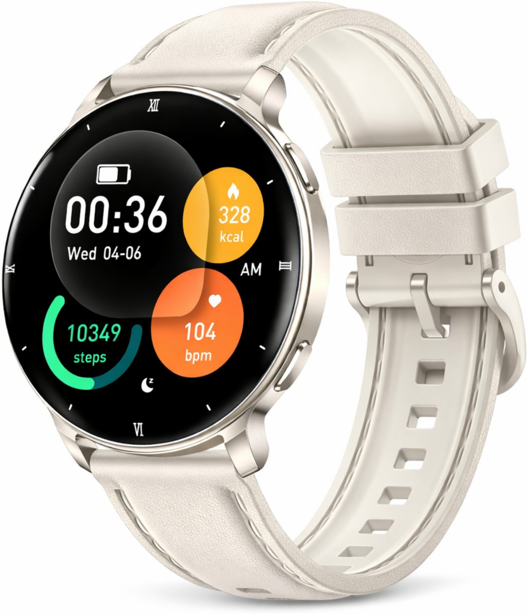 Eine weiße Smartwatch mit silbernem Gehäuse, die Uhrzeit, Schritte, Kalorien und Herzfrequenz anzeigt.