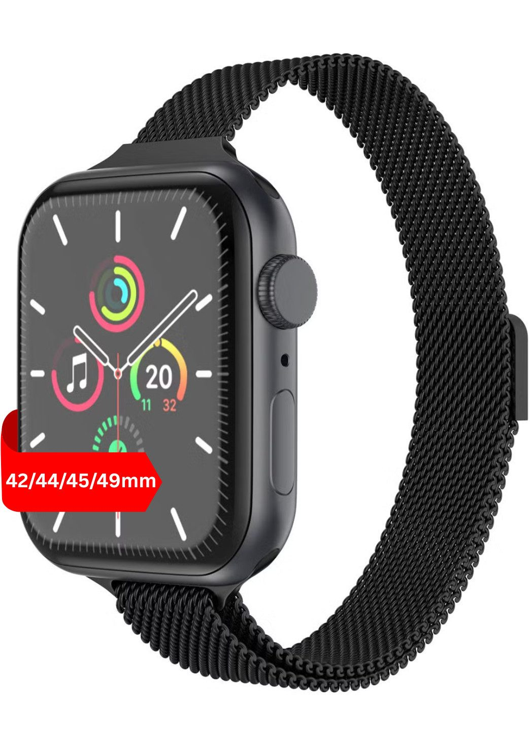 Eine schwarze Smartwatch mit einem Milanaise-Armband auf weißem Hintergrund.