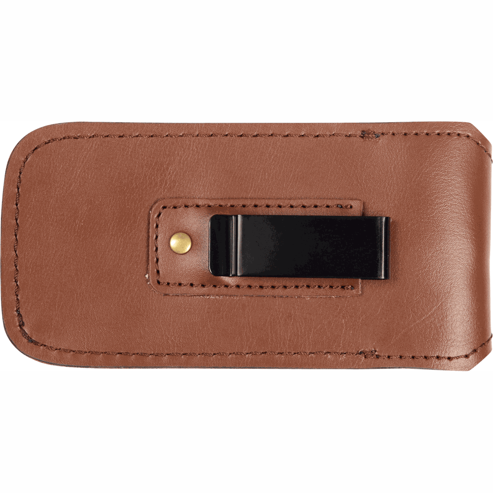 Custodia in pelle marrone con clip da cintura nera e borchia in ottone.