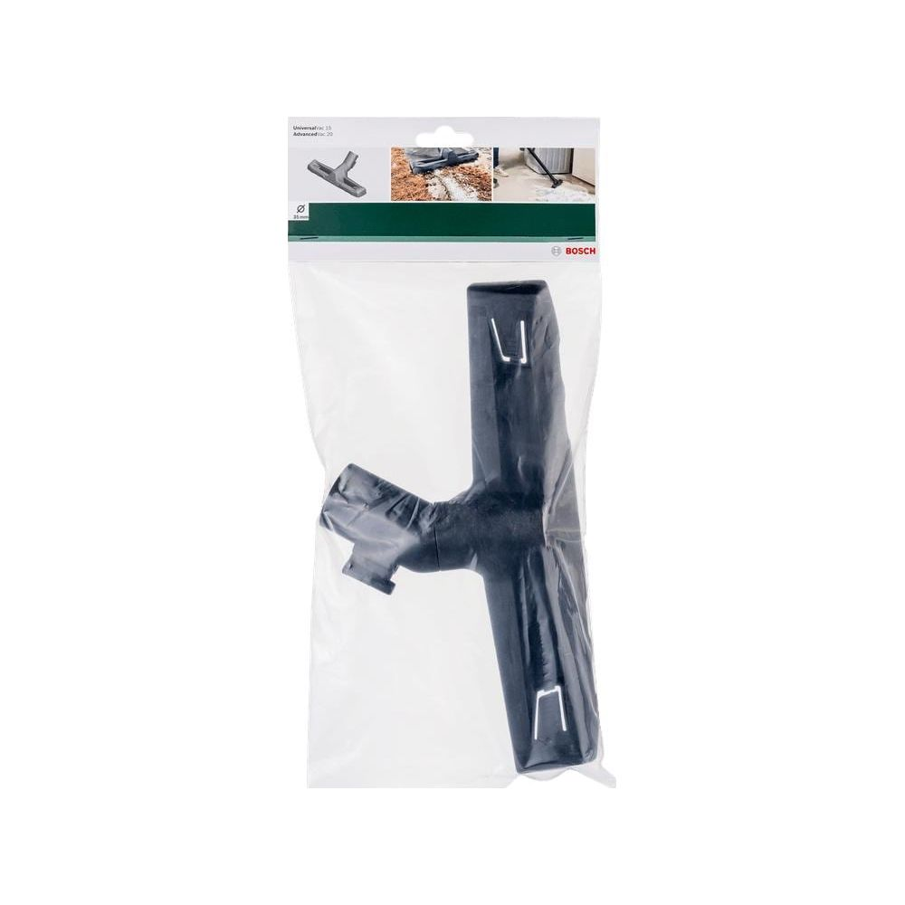 Schwarzer Staubsaugeraufsatz in Plastikverpackung mit Bosch-Logo.