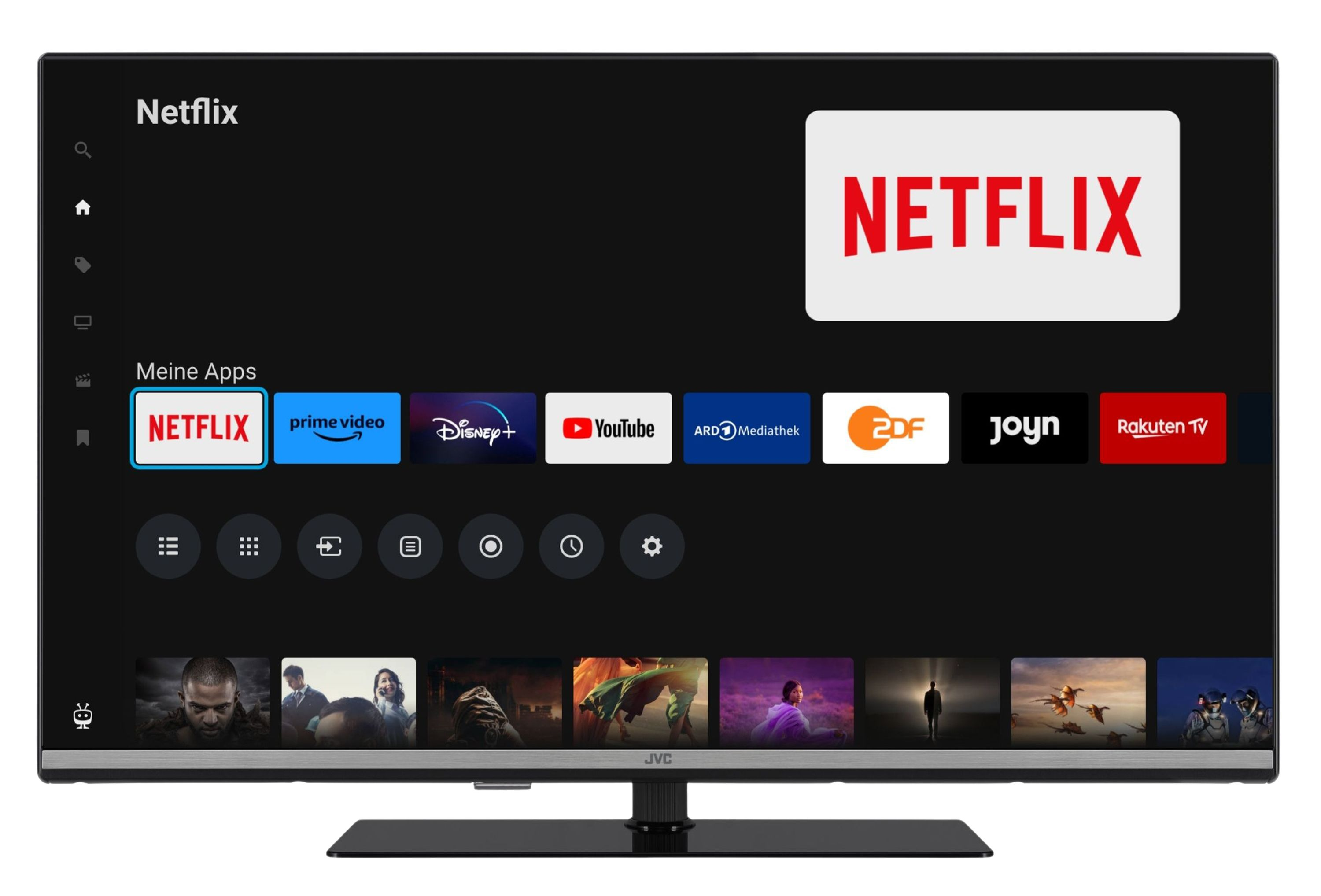 Ein Fernsehbildschirm zeigt die Netflix-Oberfläche mit App-Symbolen wie Netflix, Prime Video, Disney+.