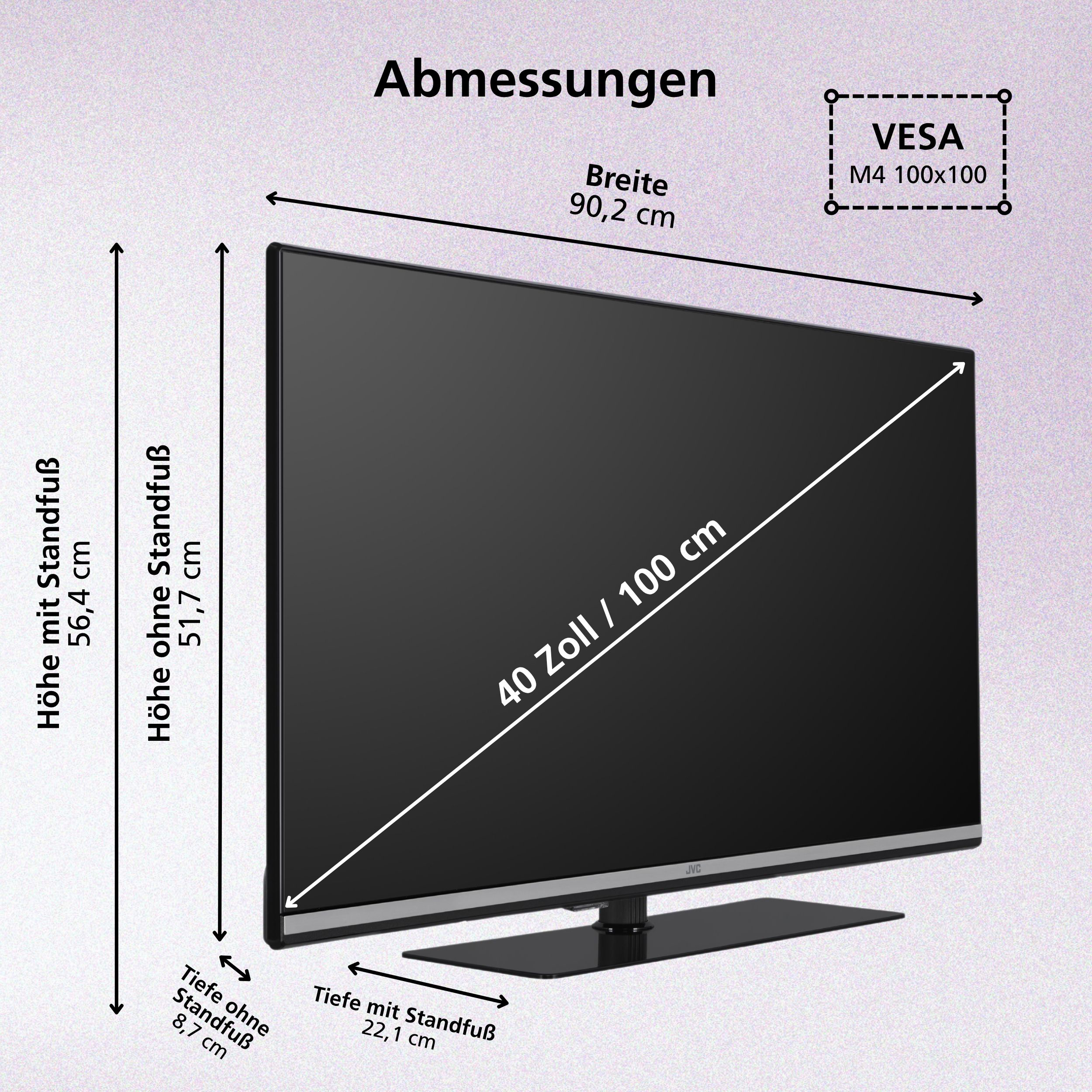 Ein 40-Zoll-JVC-Fernseher mit VESA-Halterung und detaillierten Abmessungen.
