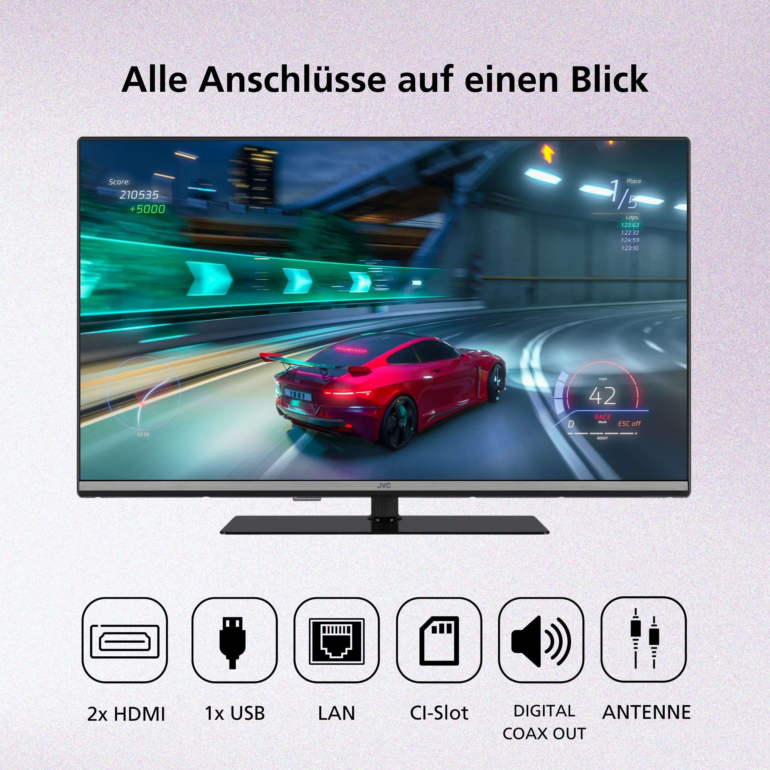 Ein roter Rennwagen fährt auf einer Rennstrecke, mit Spiel-HUD und Anschlusssymbolen.
