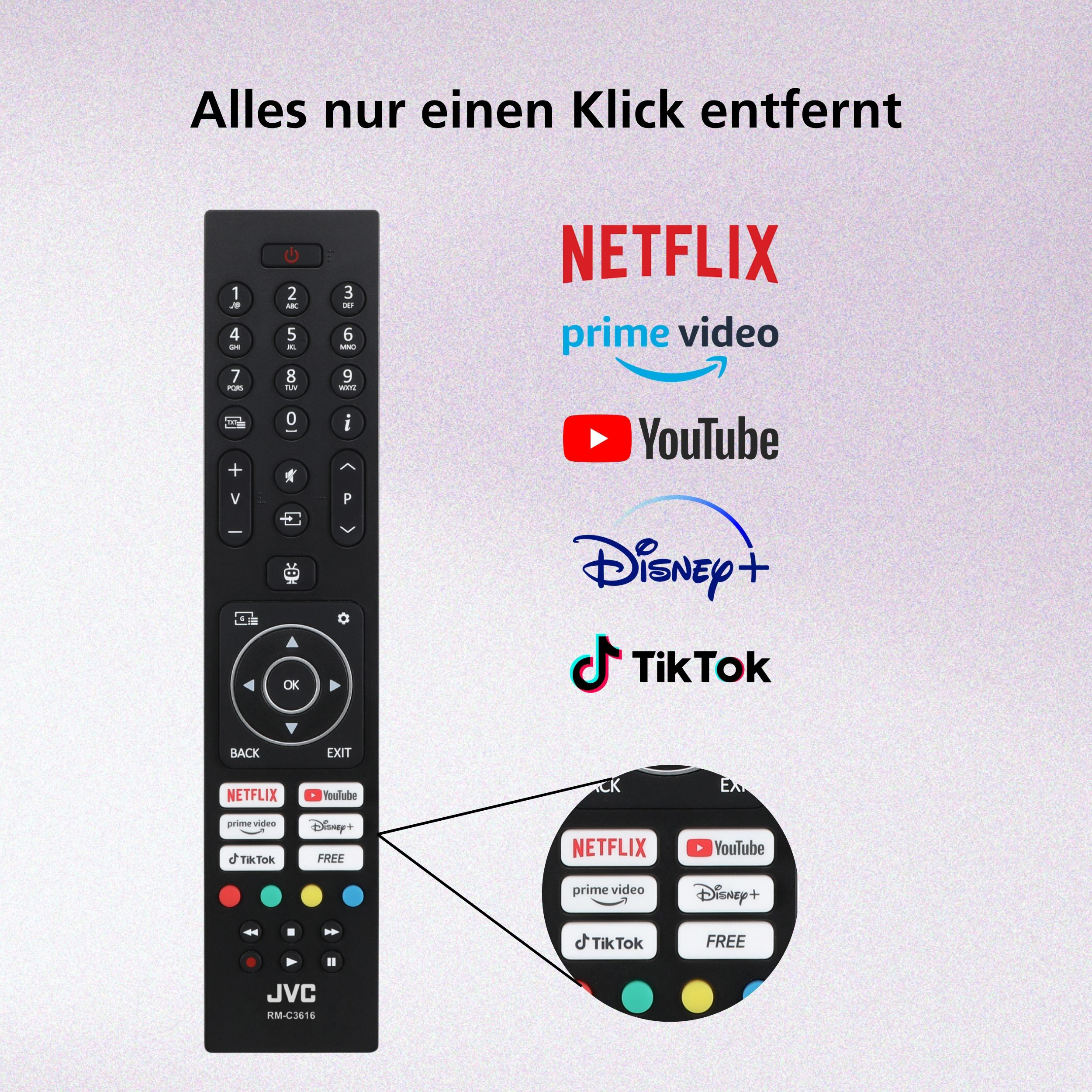 Ein schwarzer Fernbedienungsgriff mit Netflix-, Prime Video-, YouTube-Logos.