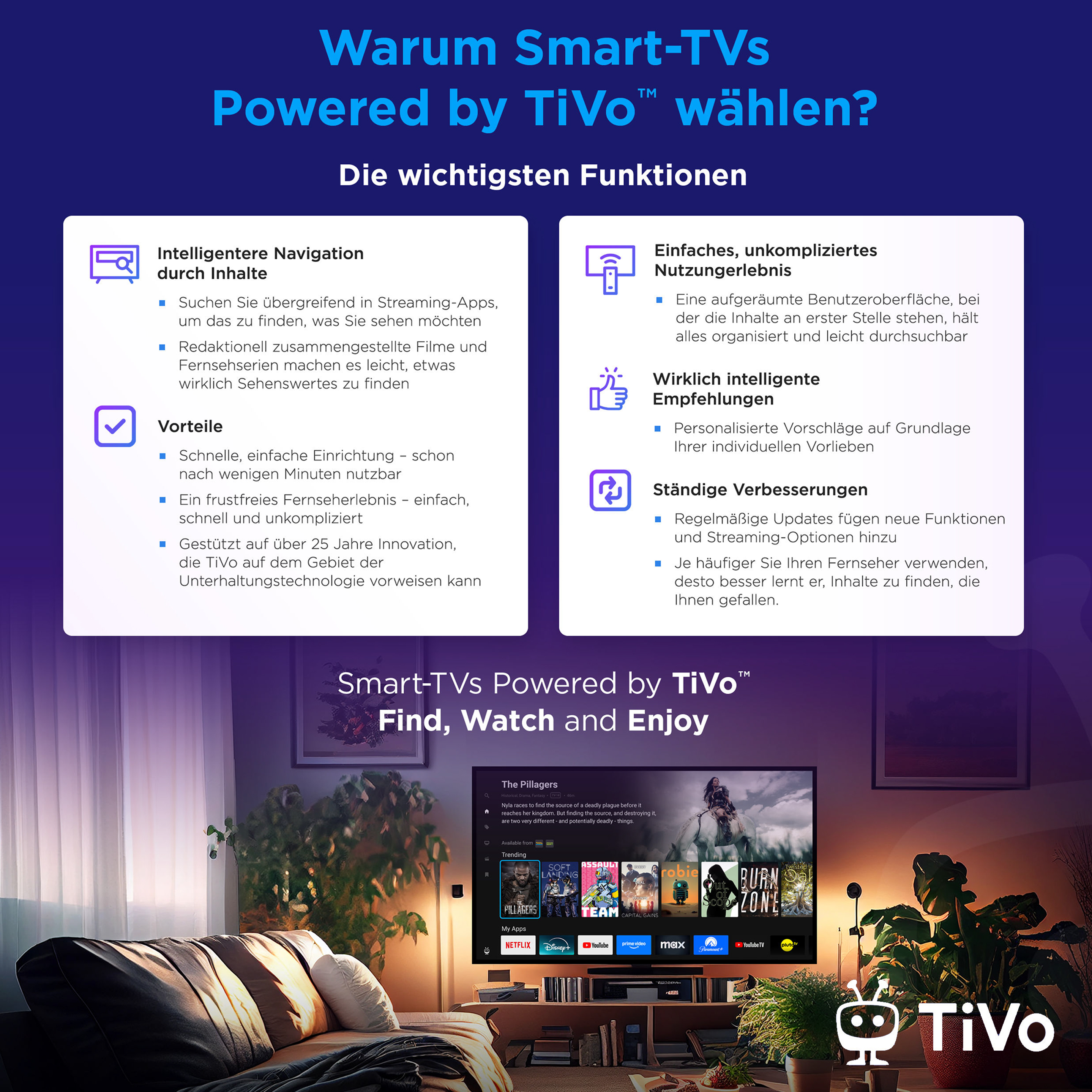 Ein Wohnzimmer mit einem großen Smart TV, der TiVo-Inhalte anzeigt. Pflanzen und Dekoration im Hintergrund.