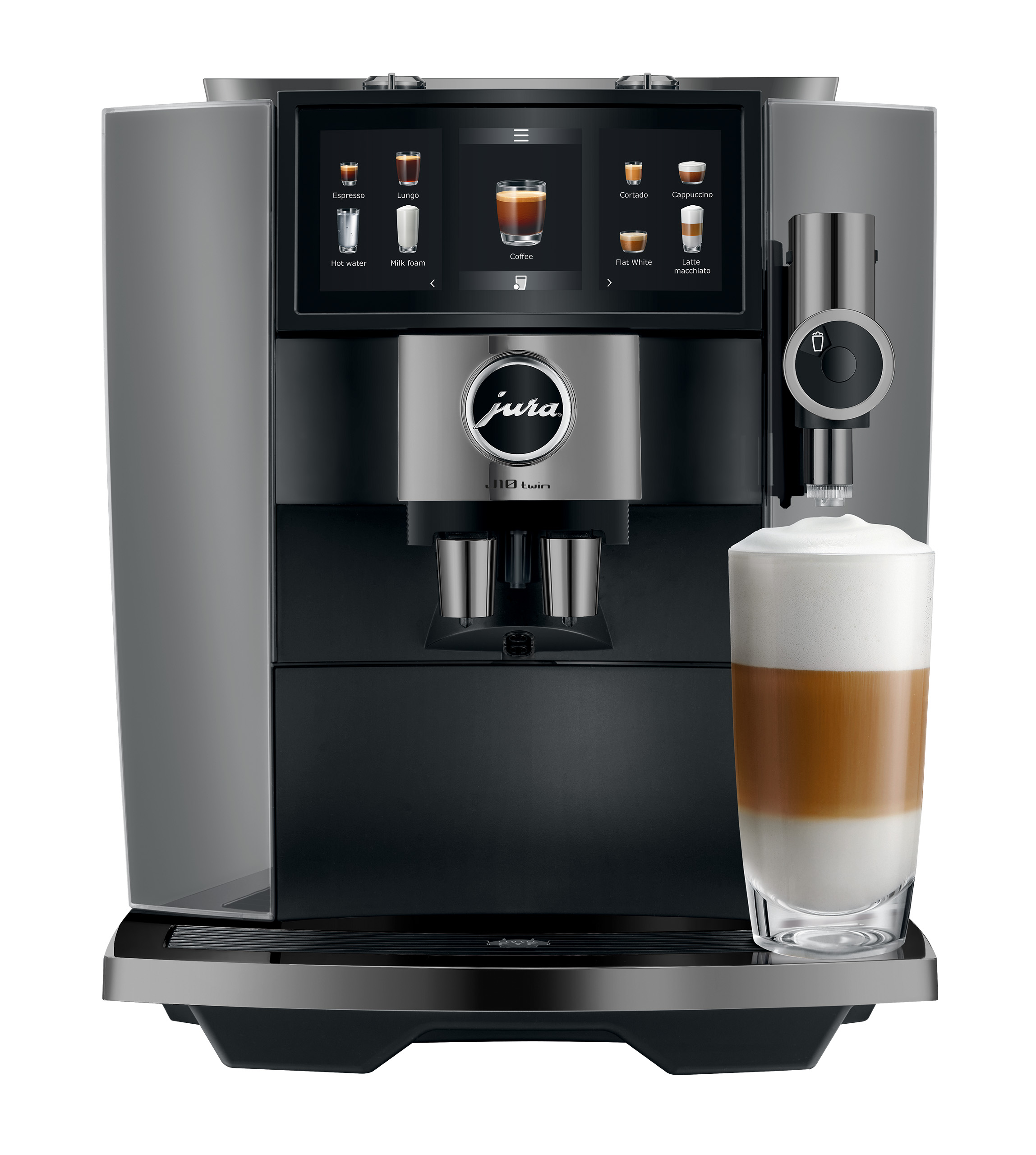 Eine moderne Kaffeemaschine brüht einen Latte Macchiato in einem Glas.