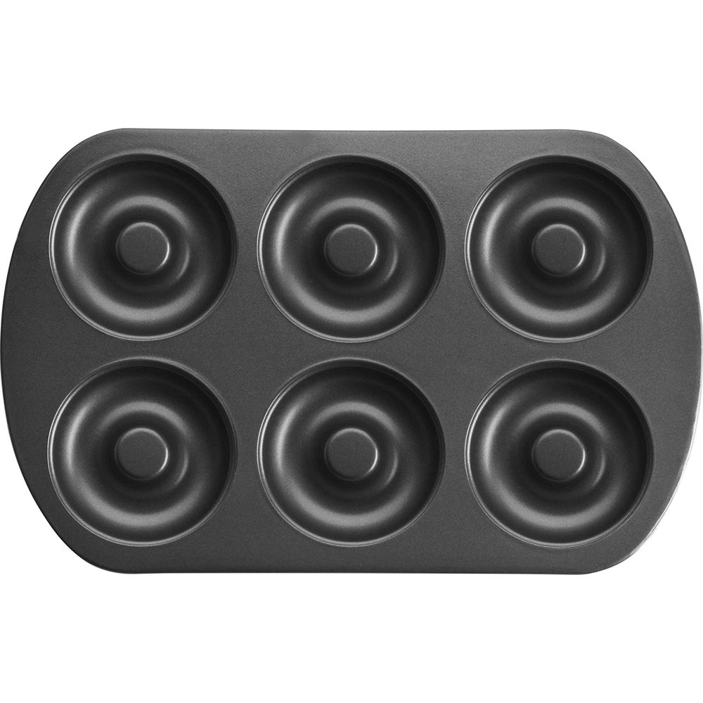 Graue Donut-Backform mit sechs Mulden, isoliert auf weißem Hintergrund.