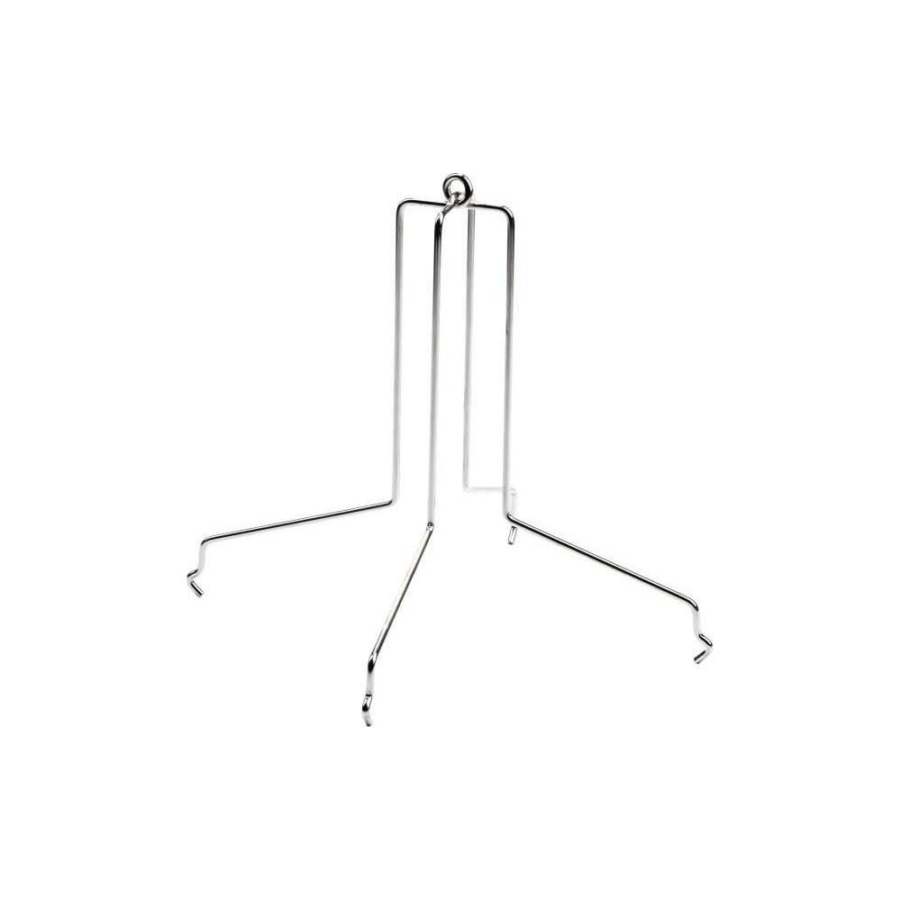 Un supporto metallico lucido con tre gambe e barre verticali.