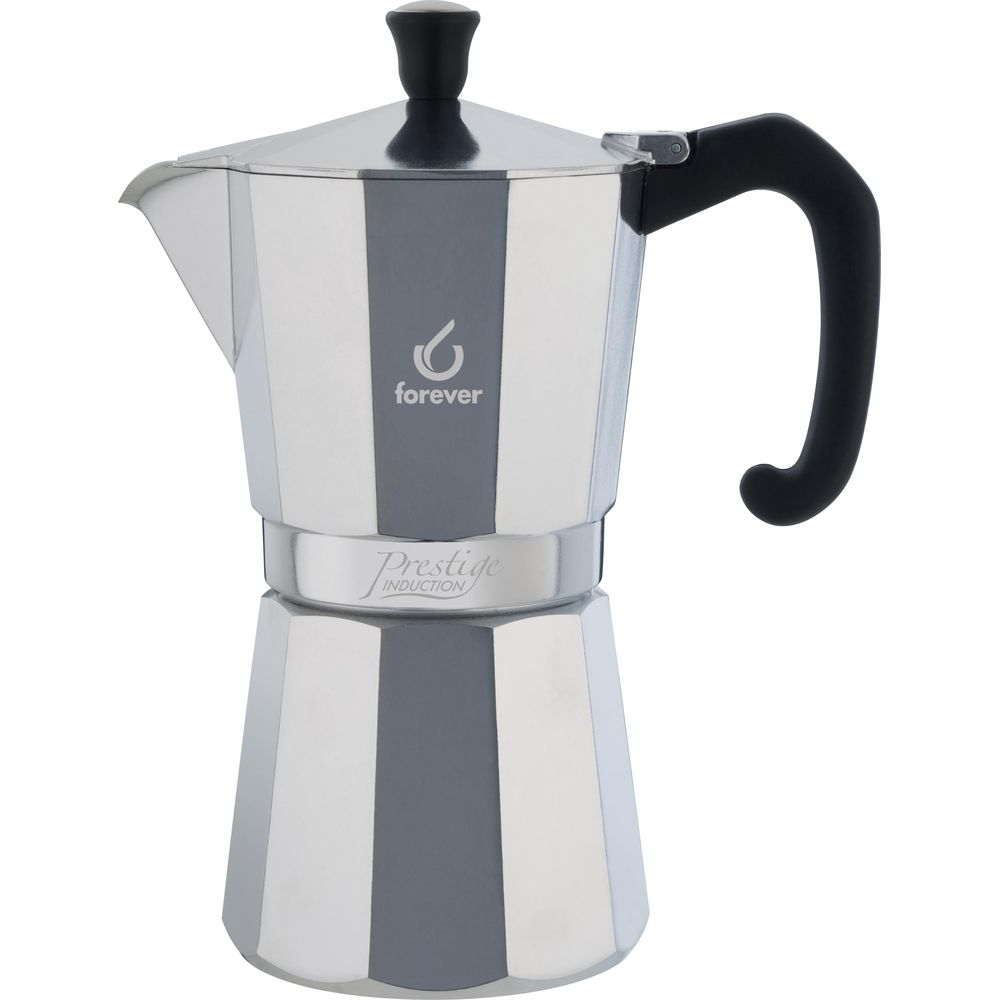 Moka argento con manico e coperchio neri, marca Forever Prestige.