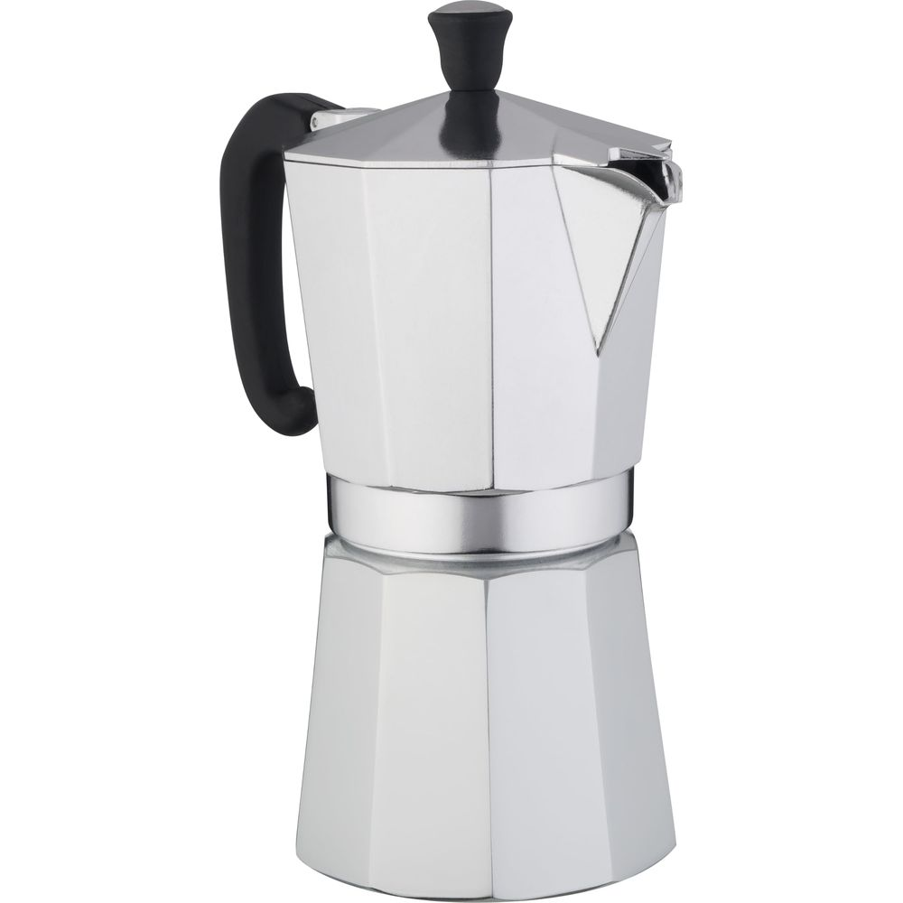 Una moka argentata con manico e coperchio neri su sfondo bianco.